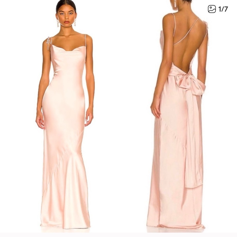 NWT NBD Greer Open Back Maxi Dress Sz S Rose Champagne Satin Bow Gown REVOLVE